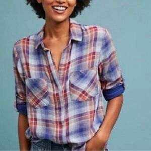 Cloth and Stone Blue Plaid Top Button Shirt Size S Gauze